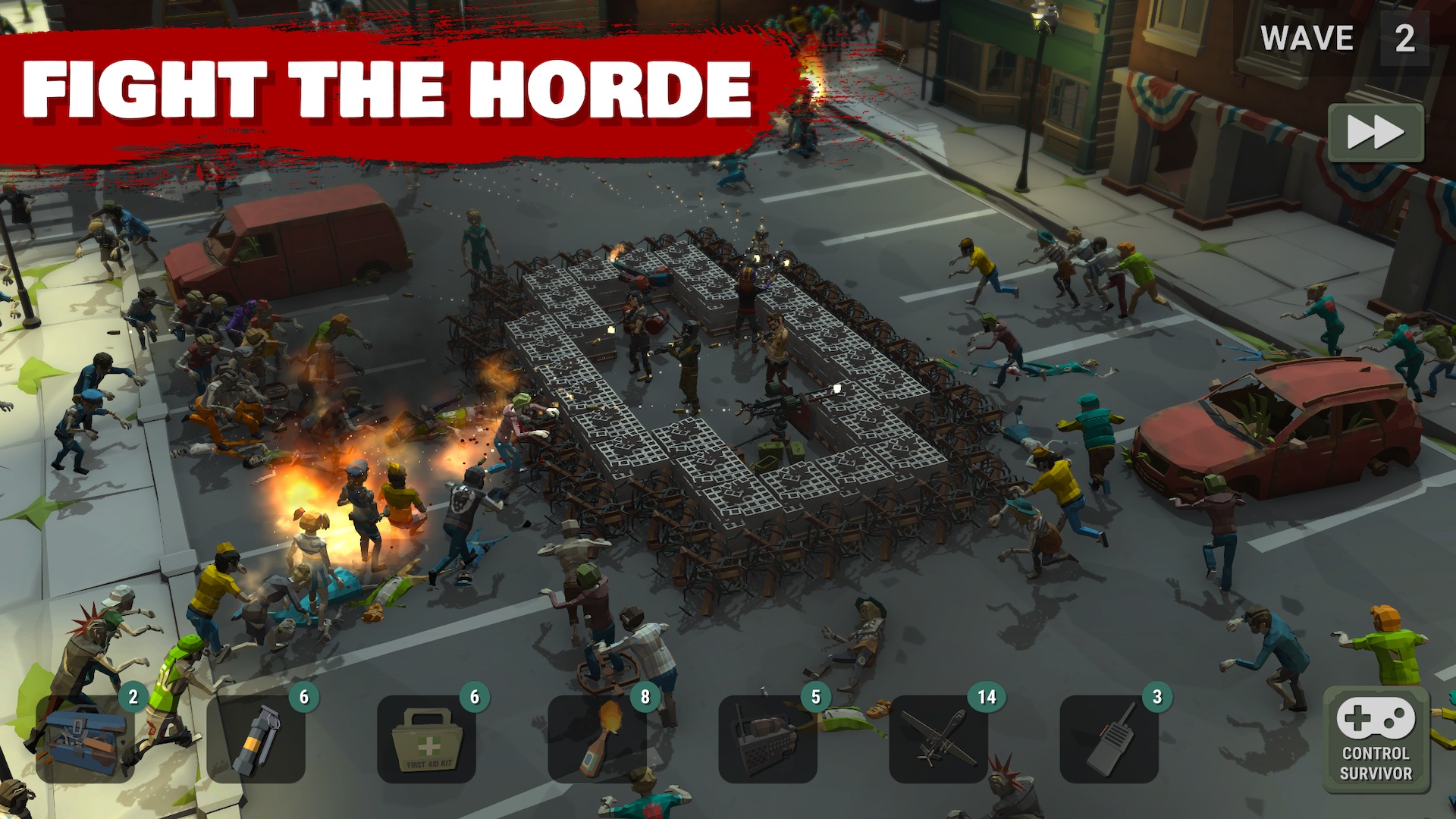 Survivors firing on a wave of zombies from behind barricades