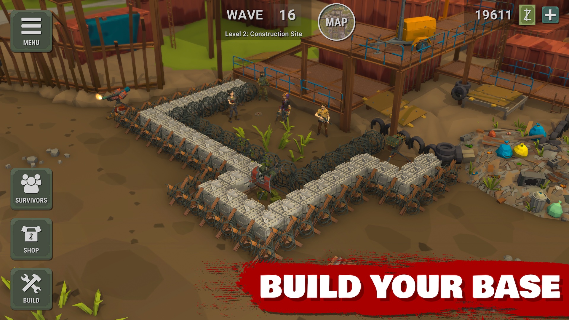 A defended camp with turrets and walls between waves